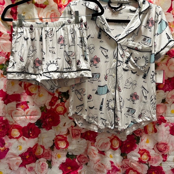 Kate Spade Printed Notch Collar Short Sleeve Jersey Knit Shorty Bridal P… - Picture 6 of 11